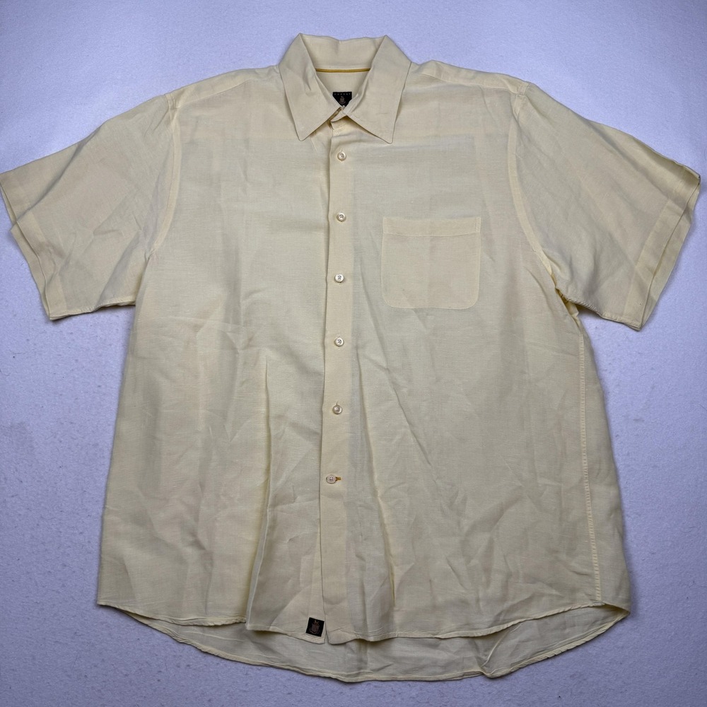 Robert Talbott Shirt Mens XL Yellow Linen Tencel Short Sleeve Button Front